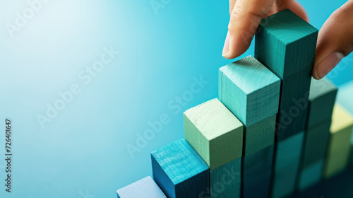 business development and growth success process concept, close up hand arranging wood block stacking, background with copy space
