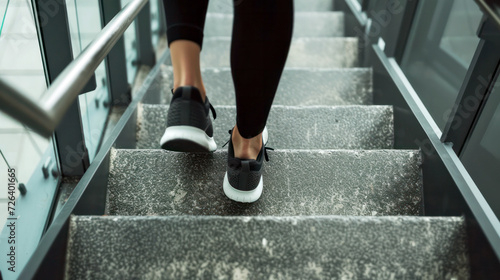young woman running up the stairs  activewear leggings and shoes
