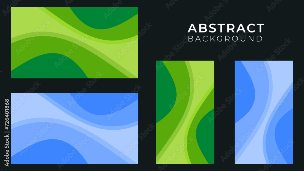 Abstract waves, green and blue, background wallpaper banner  template. Orientation landscape and portrait, waves, fluid, modern colors. Vector template	
