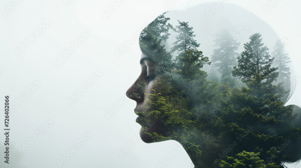 woman and green forest double exposure.