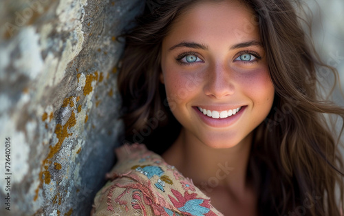 Beautiful Young Woman Leaning Against a Stone Wall