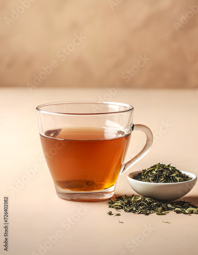 Clear glass cup filled with amber colored tea. Small white bowl containing dried green tea leaves adjacent. Concepts of tea culture, relaxation, health and wellness