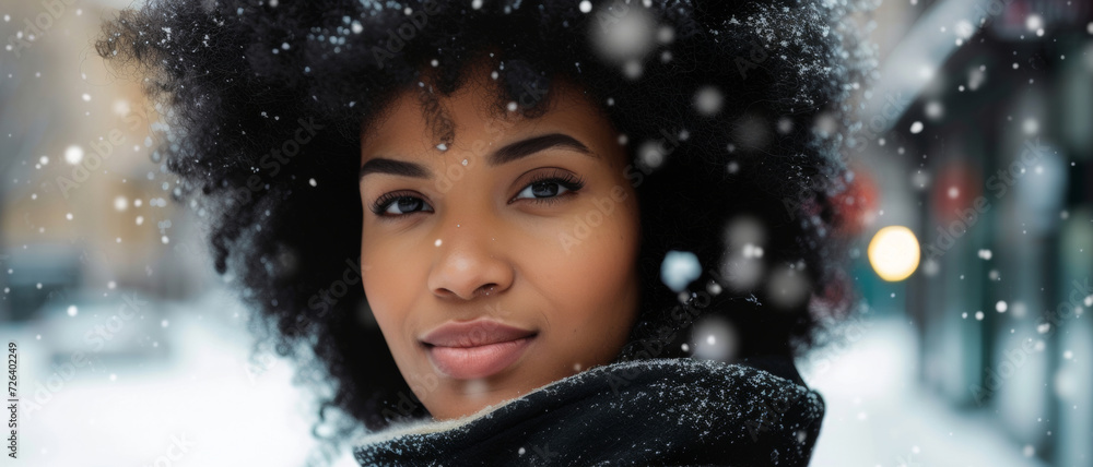 Winter's glow; a young woman’s face is framed by snowflakes and city lights, a portrait of urban winter Winter's glow; a young woman’s face is framed by snowflakes and city lights, a portrait of urban winter