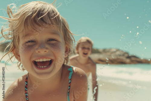 Portrait of kids having fun in the sea ocean water, waves and splashes, summer beach day © Giorgia