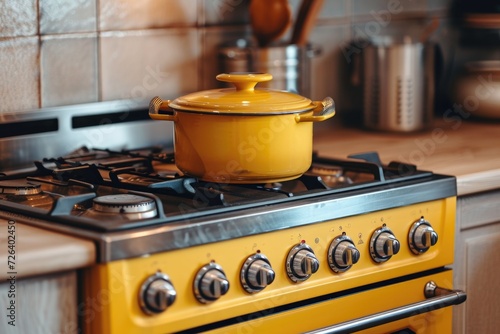 A yellow pot sitting on top of a stove. Perfect for kitchen and cooking concepts
