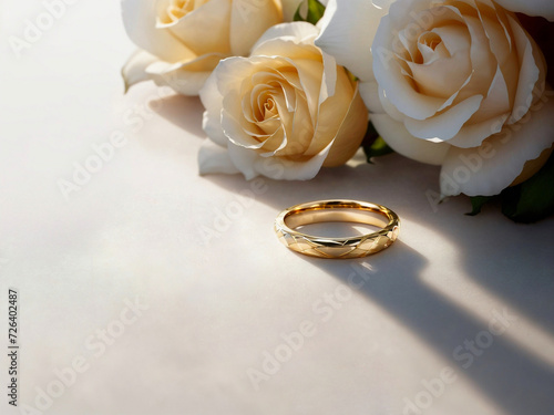 AI generative image of a single gold ring on the floor with roses, window lighting, and space for text.