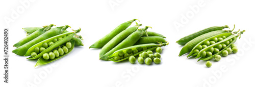 Collage of young green  pea pods on white backgrounds