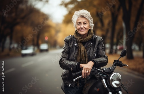 An adventurous elderly woman embraces a modern lifestyle as she travels the world, riding a motorcycle through diverse landscapes, symbolizing her free-spirited and courageous approach to exploration