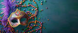 Mardi Gras Masquerade Mask with Festive Decorations, Elaborate Mardi Gras masquerade mask adorned with feathers and beads, set against a bokeh light background, embodying the festive spirit.