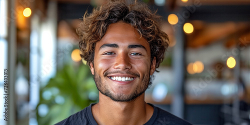 A carefree and happy Hispanic man with a toothy smile, radiating confidence outdoors. photo