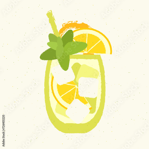 Сocktail with citrus lemon and mint. Citrus refreshing tea. Alcohol drink for bar. Cold soft liquid with ice cubes. Tumbler glass. Non-alcoholic beverage. Flat vector illustration with texture