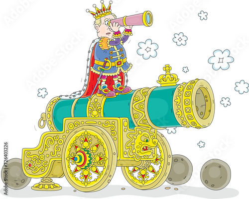 Angry king in a golden crown and solemn royal attire watching an enemy with a spyglass, aiming and going to fire his royal huge cannon, vector cartoon illustration isolated on a white background