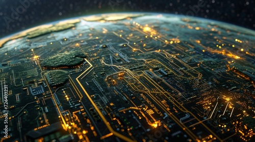 Planet earth made of microcircuit. View from space to earth. Artificial intelligence technology on the planet