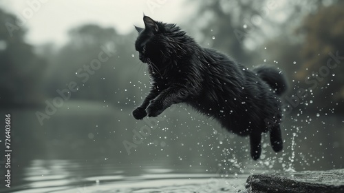 a black cat is jumping from a tree to a lake , black and white photography with blue tones © Dushan