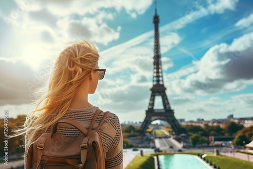 Back view of young woman tourist standing in front of Eiffel Tower in Paris. Tourism concept