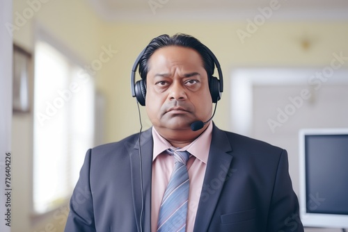 indian businessman with headset in video conference