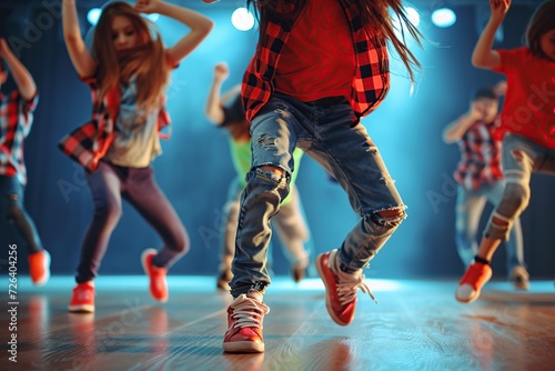 Happy children in stylish clothes dancing in choreography class