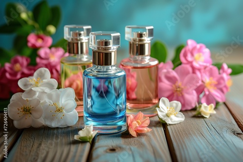 Different bottles of colorful perfume bottles with fresh flowers on wooden background