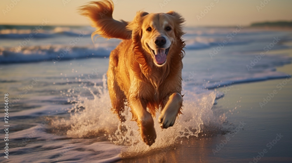 Golden retriever dog running on beautiful beach pictures, golden retriever beach wallpaper