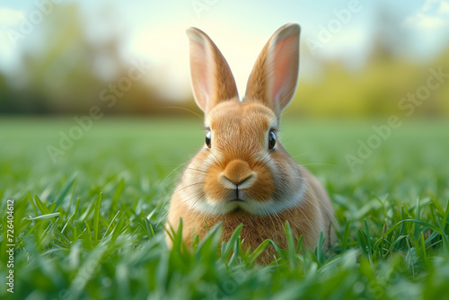 Adorable rabbit on a natural background of green field, soft hare attentively looking for Easter and Holy Week play © Simn