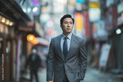 Portrait of handsome businessman in suit walking on urban street