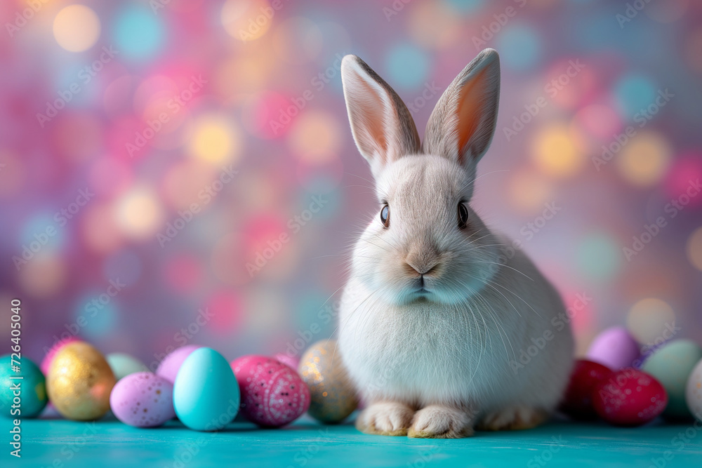 Copy space of an Easter bunny with Easter eggs, white hare on a bright and colorful background with painted eggs for Holy Week activities Copy space of an Easter bunny with Easter eggs, white hare on a bright and colorful background with painted eggs for Holy Week activities