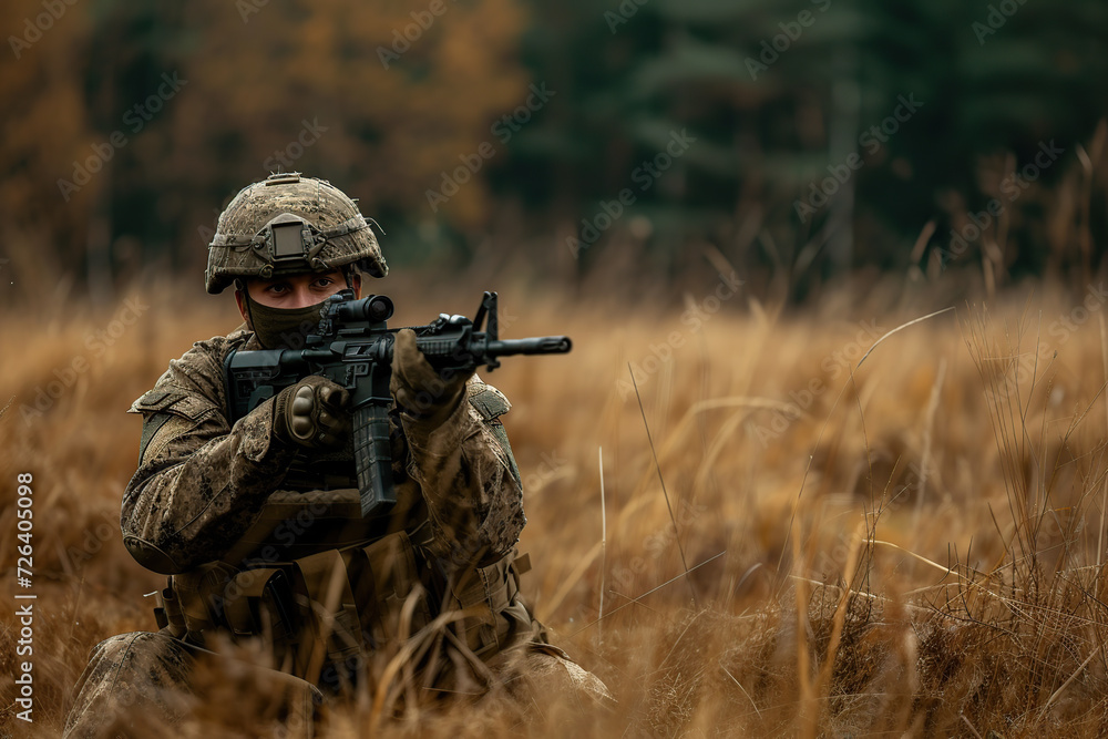 Soldier in camouflage uniform with aiming rifle take part in military training