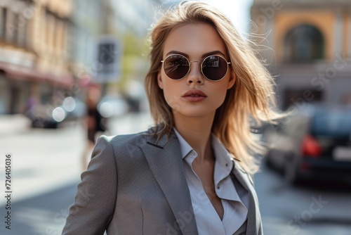 Portrait of handsome businesswoman in suit walking on urban street