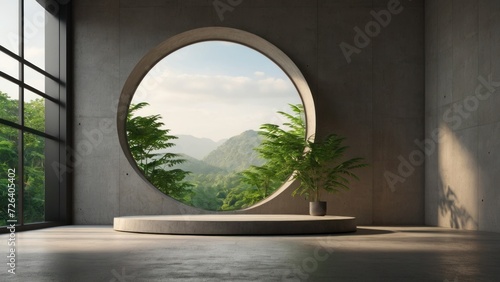 3d render of empty concrete room with large circle window and round podium for product presentation on nature background. generative, ai. photo