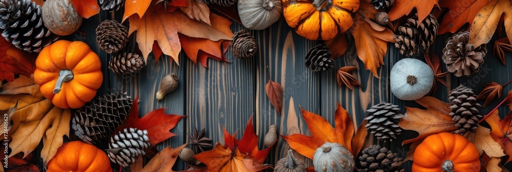 A festive Thanksgiving themed flat lay featuring autumn leaves, pinecones, and decorative pumpkins - obrazy, fototapety, plakaty 