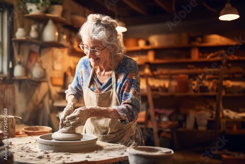 Elderly woman masterfully practices the ancient craft of pottery, molding glistening clay into exquisite creations in her traditional workshop, embodying the timeless artistry of handmade ceramics