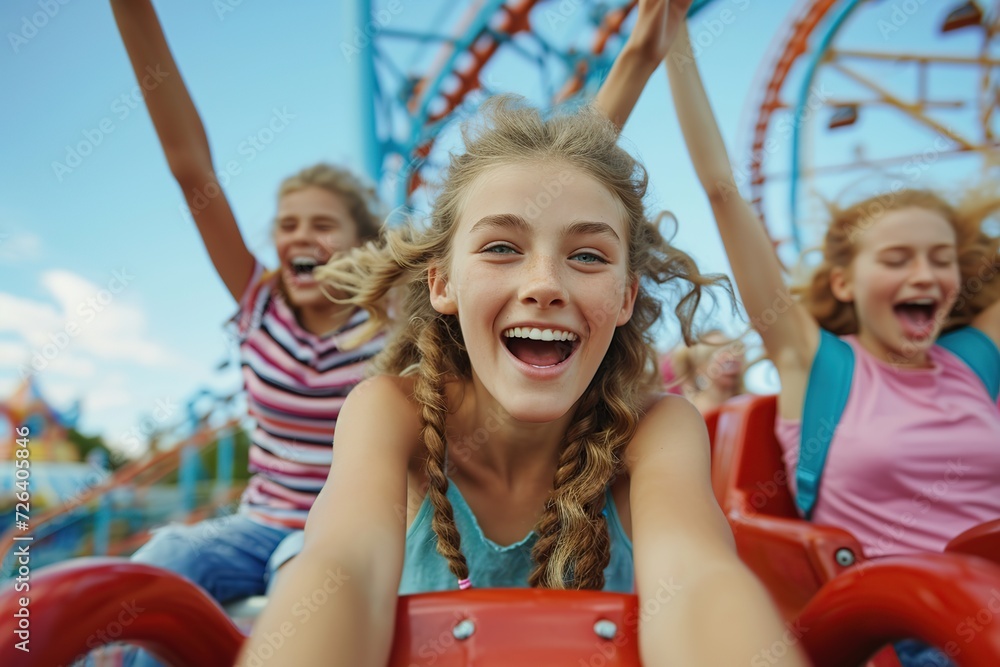 Happy friends having fun on roller coaster in an amusement park Happy friends having fun on roller coaster in an amusement park