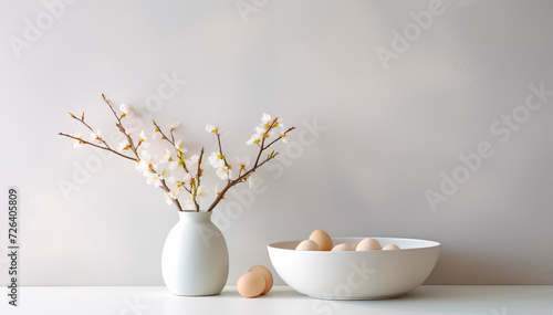Light composition in the kitchen, dishes with Easter eggs on the table, minimalism. Flowers in a vase against a white wall and a deep plate with eggs. Happy Easter