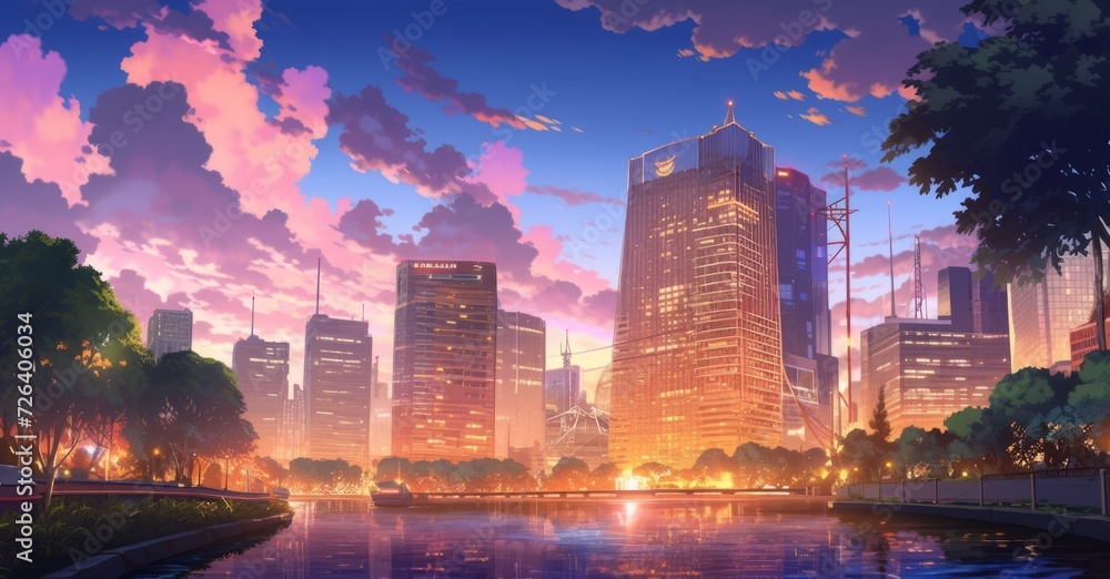 Obraz premium A bustling cityscape at dusk, where towering skyscrapers are bathed in warm, golden hues. The foreground showcases anime characters engaged in various leisure activities: chatting in a park