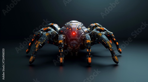 Stealth Sentinel  A Menacing Robotic Arachnid with Black Onyx Body and Golden Components Stands Alert  Showcasing State-of-the-Art Surveillance Technology