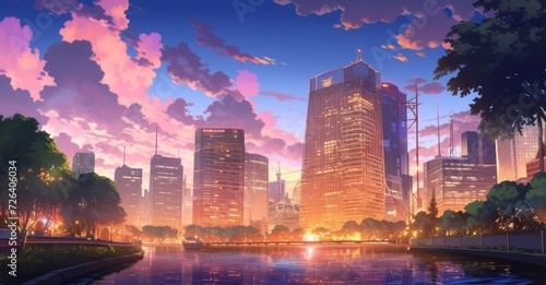 A bustling cityscape at dusk, where towering skyscrapers are bathed in warm, golden hues. The foreground showcases anime characters engaged in various leisure activities: chatting in a park photo
