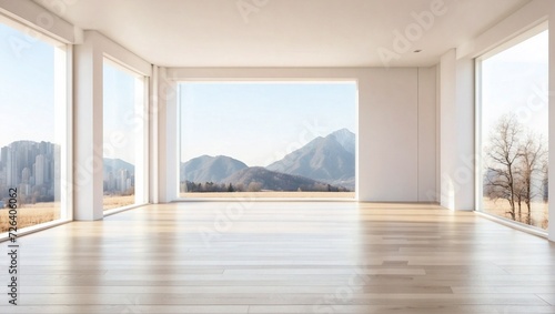 Empty room interior design, open space with white walls and parquet wooden floor, modern contemporary architecture, panoramic window, morning light