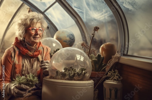 Wallpaper Mural A cheerful elderly woman breathes life into primitive organisms in a green room on Mars, showcasing the joy and vibrancy of extraterrestrial horticulture and the exploration of new frontiers.Generated Torontodigital.ca