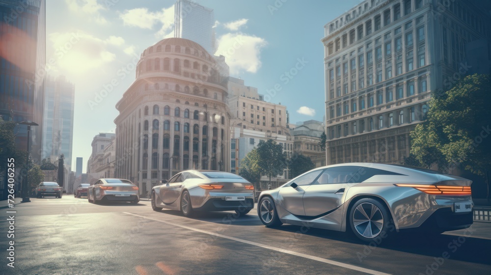 People ride in a self-driving car controlled by an artificial intelligence autopilot. Future technologies, internet of things and smart devices concept.