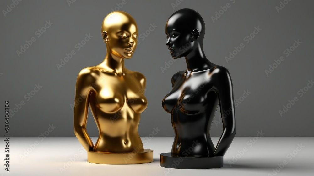 Obraz premium 3d render of fashion shop display stand, black female body part with Gold Paint or Liquid. generative, ai.