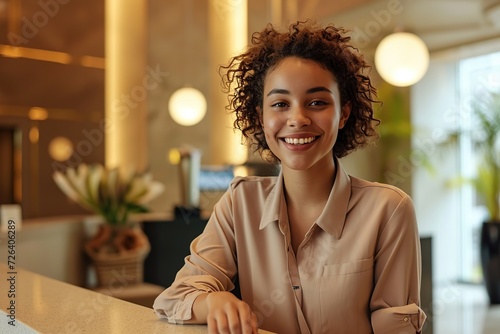 Young african american woman receptionists standing in hotel lobby near the counter