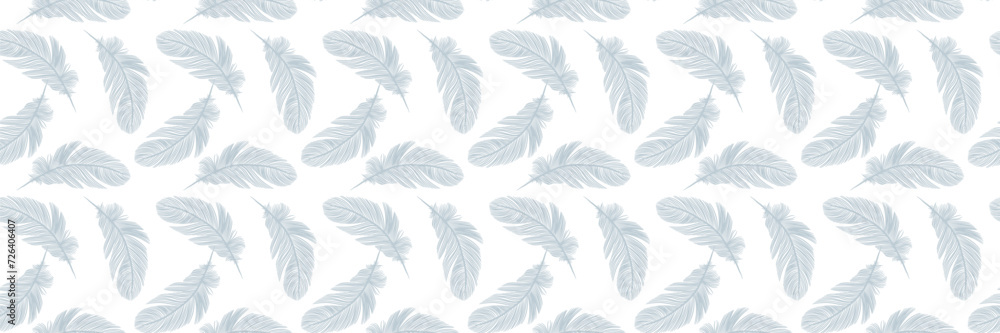 Vector seamless pattern with blue feathers on a white background.