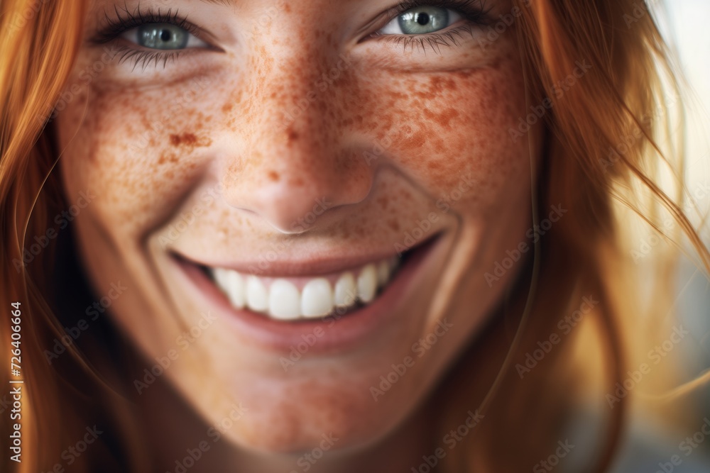closeup of a model with freckles, smiling naturally closeup of a model with freckles, smiling naturally