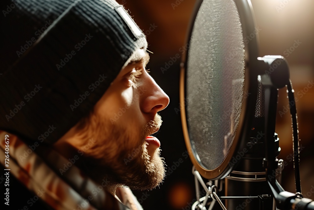 Fototapeta premium Young man singing with microphone and recording new song in studio