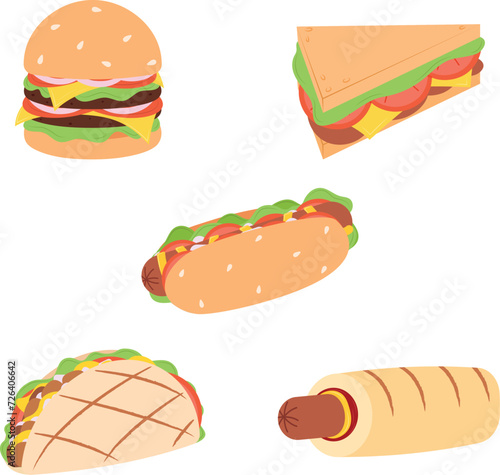 Hand-Drawn Fast Food and Street Snacks Set. Flat-Style Vector Illustrations of Burger, Hotdog, Sandwich, Taco Isolated on White.