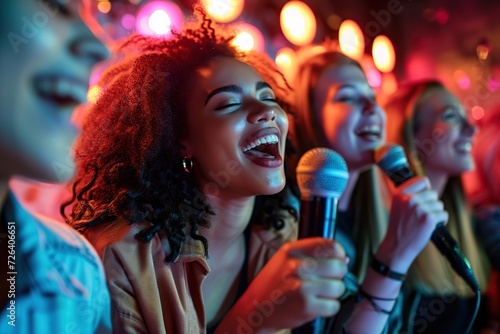 Happy friends singing karaoke and having fun in nightclub © Alina