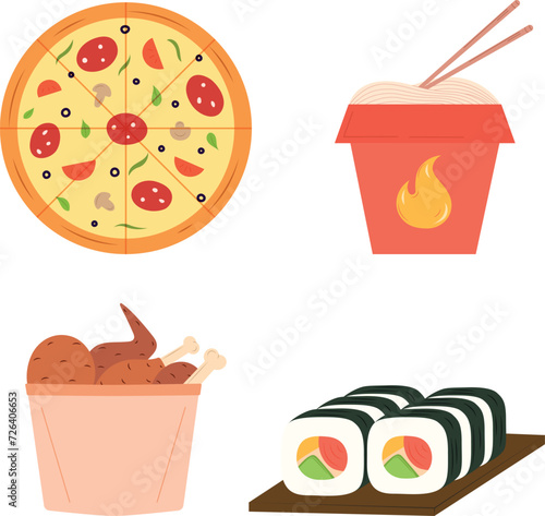 Fast food cartoon icon set. Pizza, chicken basket, wok noodles and sushi for takeaway cafe design. Vector illustration of street food flat style. Hand drawn vector food set