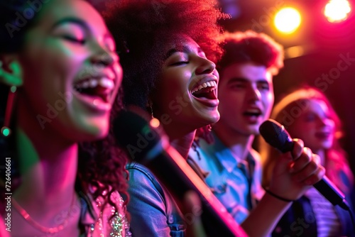 Happy friends singing karaoke and having fun in nightclub photo