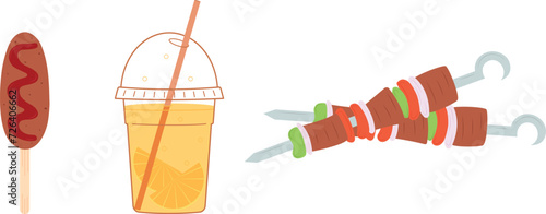 A set of street food items. Hand drawn fast food of orange juice, corndogs and kebabs on skewers. Street food in flat style on isolated white background