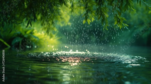 HD photography, close focus, rain, willow, large droplets of water rippling into the water,